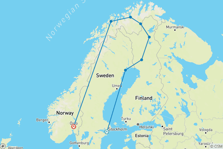 Carte du circuit Découverte des pays nordiques : la Suède, la Laponie finlandaise et les villes côtières de la Norvège (de Stockholm à Oslo) (2027)