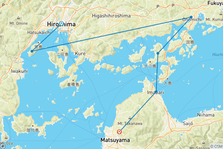 Kaart van Fietstocht door Hiroshima en langs de Shimanami Kaido in Japan