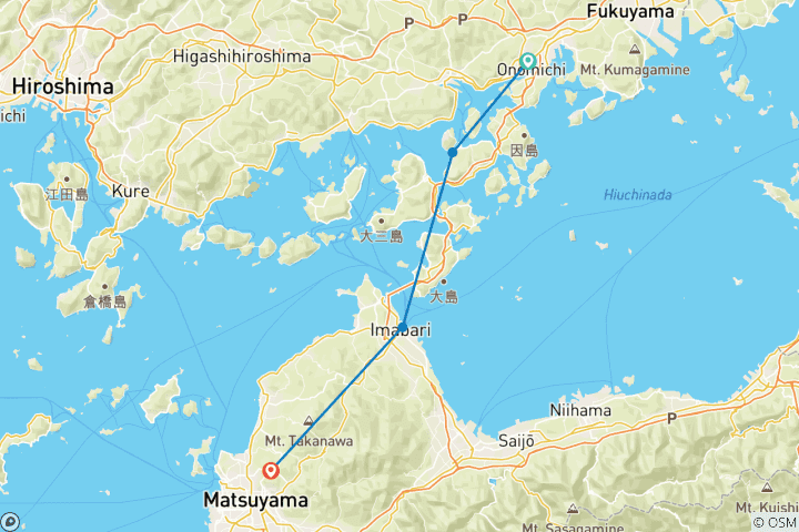 Kaart van Shimanami Kaido & Shikoku-fietstocht in Japan