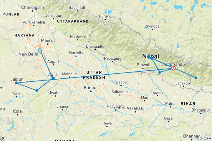 Carte du circuit Geluxe : Inde et Népal : le Triangle d'Or et l'Himalaya