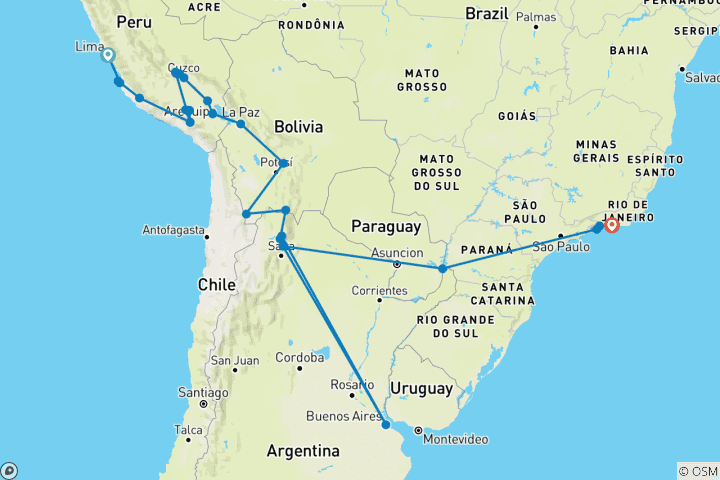 Carte du circuit Le meilleur de l'Amérique du Sud (69 destinations)
