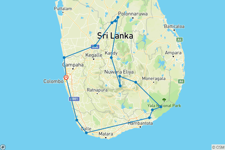 Carte du circuit Geluxe : Sri Lanka : safaris à la découverte des léopards, les hauts plateaux du thé et les temples antiques