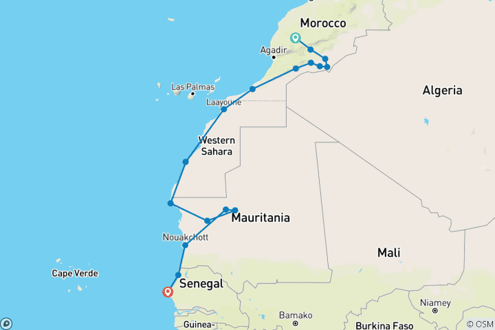 Carte du circuit De Marrakech à Dakar en passant par la Mauritanie : une aventure transsaharienne de 18 jours par la route | Blue Turbans Adventures