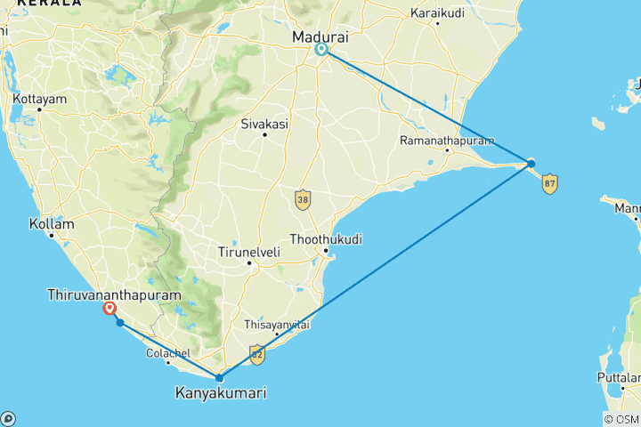 Map of South India Heritage & Spiritual Tour 6-Days | Madurai, Rameshwaram, Kanyakumari & Trivandrum