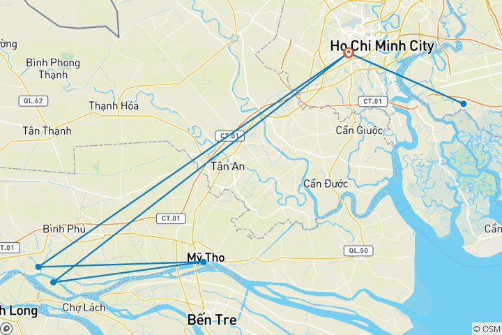 Kaart van Hoogtepunten van Zuid-Vietnam: 5-daagse rondreis door Saigon, de Cu Chi-tunnels en een sampan-cruise op de Mekong