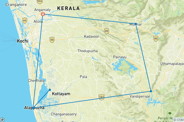 Map of 5-Day Kerala India Explorer Wildlife  (3★ 4★ & 5★ Hotels Options)