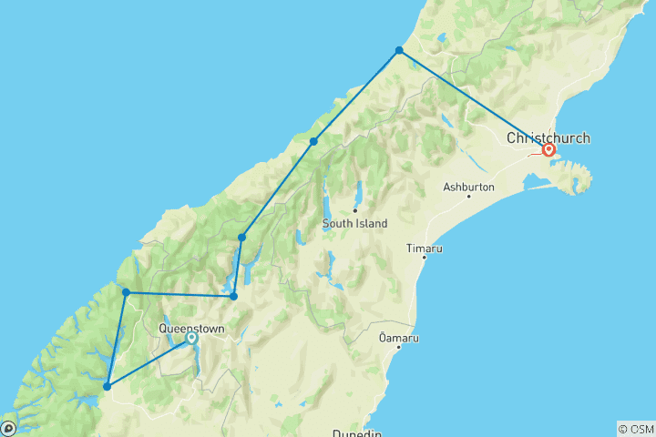 Kaart van Hoogtepunten van het Zuidereiland van Nieuw-Zeeland (kleine groepen, korte vakantie)