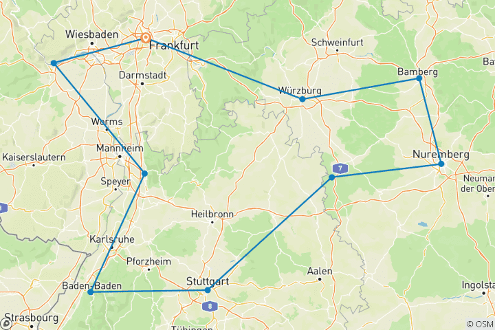 Mapa de Circuito de 4 días por Alemania [Ruta de los Cuentos de Hadas y la Ruta Romántica: canales, castillos y balnearios termales]