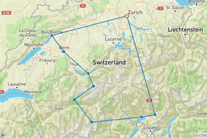 Carte du circuit Circuit de 4 jours en Suisse : les grands classiques des Alpes (Jungfraujoch, thermes et funiculaire à forte pente)