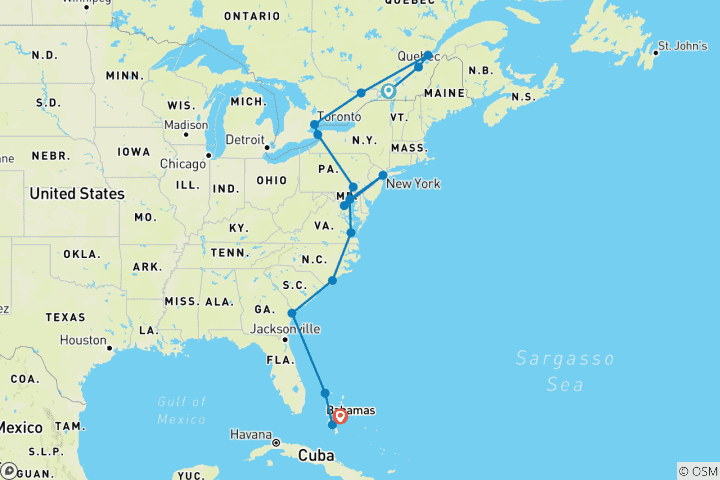 Kaart van Oost-Canada & de oostkust van Amerika naar de Bahama’s – Cruise & rondreis over land