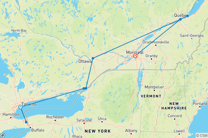Mapa de Este de Canadá en tren (12 destinations)