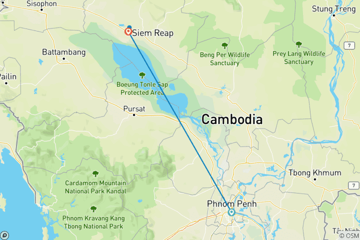 Kaart van Klassieke Cambodja-ontdekkingsreis: 5-daagse rondreis langs de hoofdsteden van Phnom Penh en de tempels van Angkor