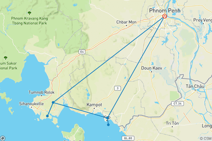 Kaart van Kust- en eilandavontuur in Cambodja: 7 dagen Kep National Park, Rabbit Island en Sihanoukville