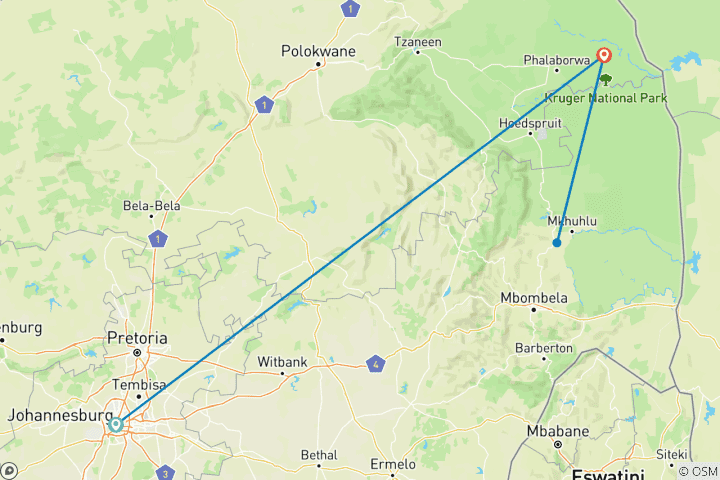 Carte du circuit Safari de 3 jours dans le parc Kruger au départ de Johannesburg
