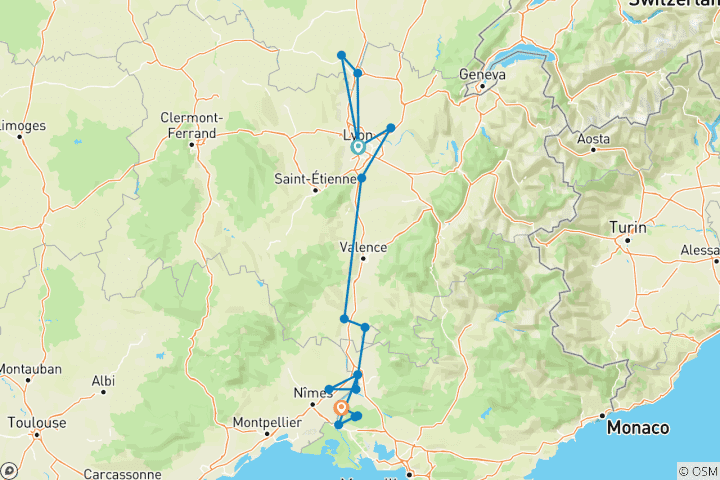 Mapa de El Ródano idílico 2028 - 8 días (from Lyon to Tarascón)