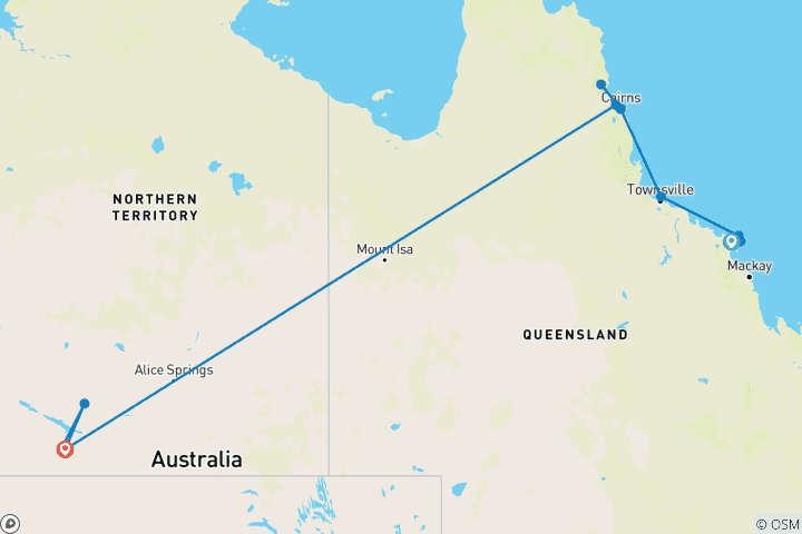 Carte du circuit Australie : du nord du Queensland à Uluru (avec une étape en voilier (à partir d'avril 2027))