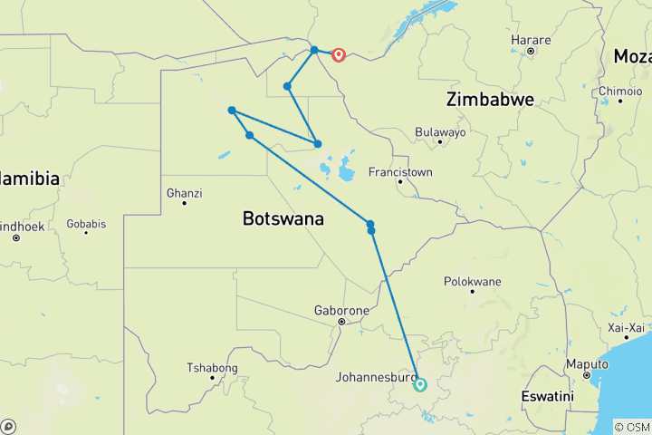 Map of Botswana and Falls Overland: Wildlife Walks & Safari Drives