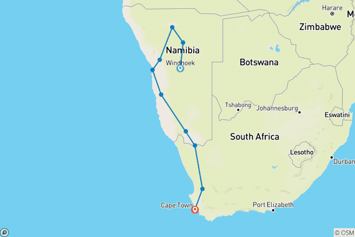 Map of Cape & Dunes Southbound: Desert Camping & Safari Drives