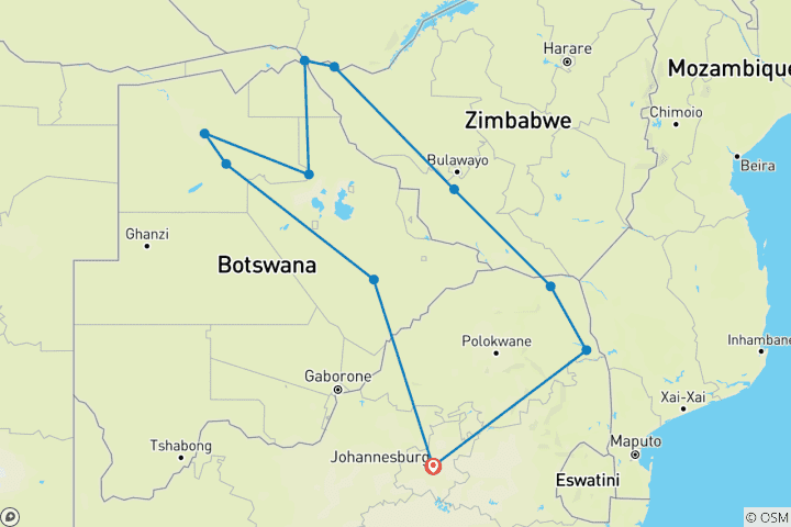 Map of Southern Africa Encompassed: Bush Camps & Wildlife Spotting