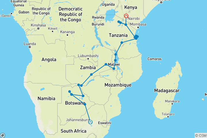 Carte du circuit De Johannesburg à Nairobi - Safaris et Serengeti