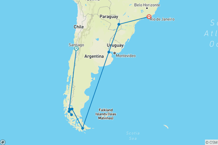 Mapa de El viaje definitivo: Patagonia, Argentina, Brasil y la Antártida - Crucero y recorrido por tierra 2027-2028