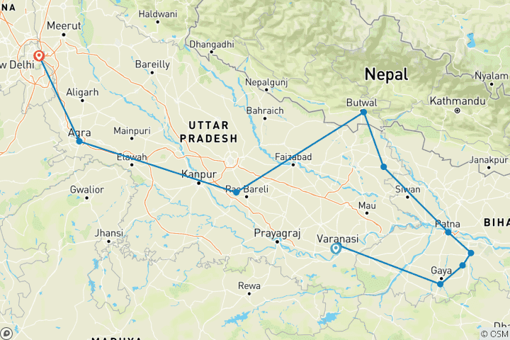 Karte von 10-tägige buddhistische Pilgerreise – Indien und Nepal (mit einer Auswahl an 3★-, 4★- und 5★-Hotels)
