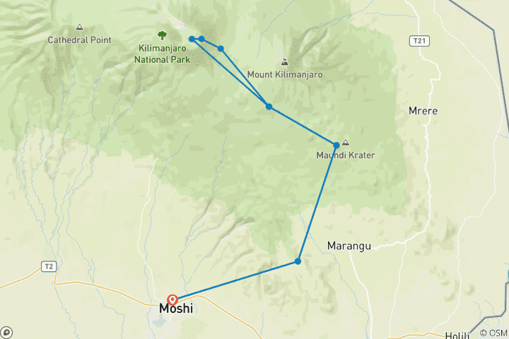 Karte von Paket für den Kilimandscharo-Marathon im März 2027 mit Besteigung vor und nach dem Marathon – Marangu-Route, 5 Tage