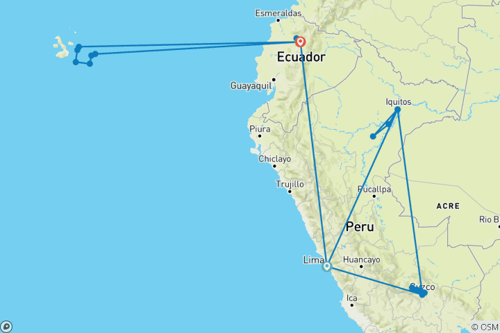 Karte von Vom Inka-Reich zum peruanischen Amazonasgebiet mit der Galápagos-Kreuzfahrt