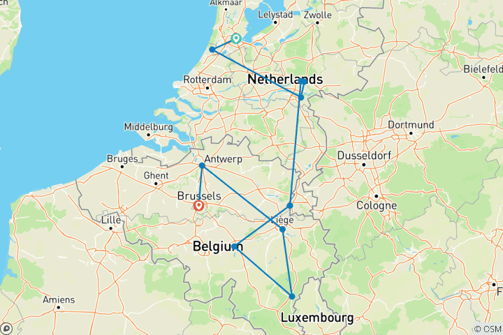 Carte du circuit Les temps forts du voyage aux Pays-Bas et en Belgique 2028