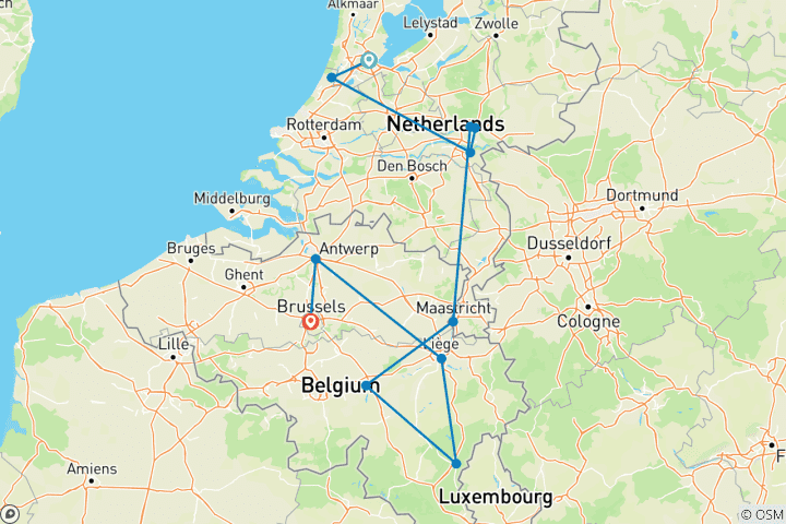 Carte du circuit Les temps forts du voyage aux Pays-Bas et en Belgique 2028