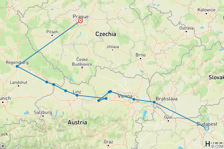 Carte du circuit « Rêves sur le Danube » avec 2 nuits à Prague pour les amateurs de vin (parcours vers l'ouest) 2028