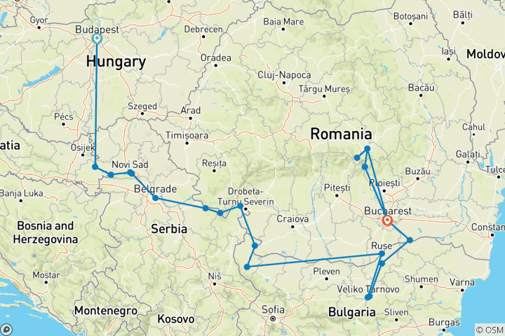 Map of Balkan Discovery with 1 Night in Budapest, 1 Night in Bucharest & 2 Nights in Transylvania 2028