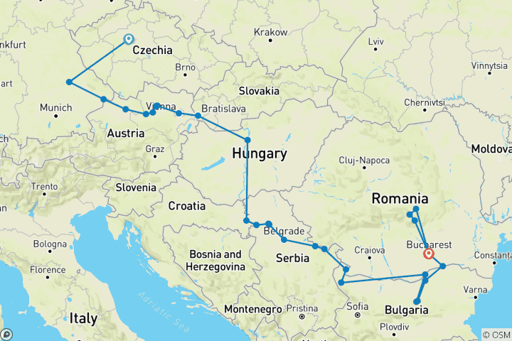 Map of The Danube from Germany to Romania with 2 Nights in Prague, 1 Night in Bucharest & 2 Nights in Transylvania