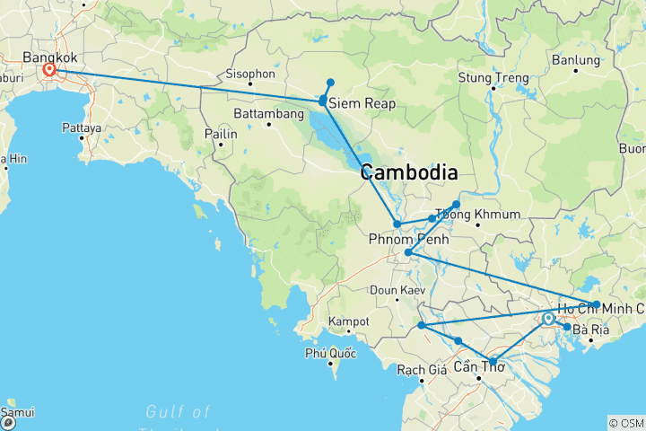 Kaart van Fascinerend Vietnam, Cambodja & de Mekong-rivier met Bangkok (richting het noorden) 2028
