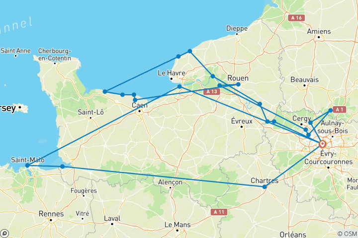 Karte von Aktiv- und Entdeckungsreise auf der Seine mit 2 Übernachtungen in Saint-Malo (Besuch des Mont-Saint-Michel)
