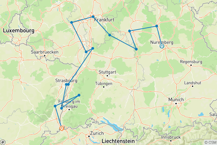 Map of Christmastime from Nuremberg to Basel