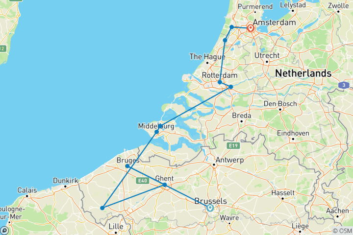 Carte du circuit Trésors de la Belgique et de la Hollande avec une nuit à Bruxelles