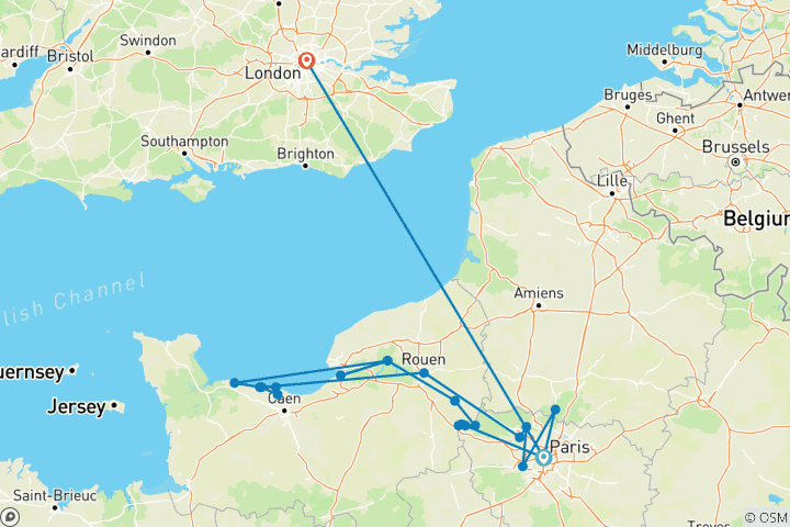 Map of Paris to Normandy with 3 Nights in London