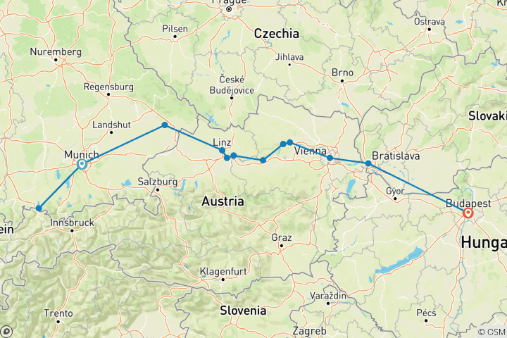 Carte du circuit Danube Symphony avec 2 nuits à Munich et 1 nuit à Budapest (vers l'est)