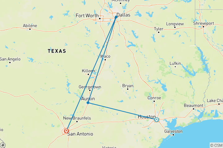 Carte du circuit De grandes histoires du Texas : un voyage à la découverte des villes, de la nature et de l'aventure