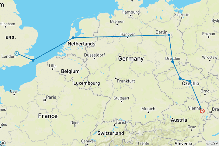 Map of London to Vienna Trail (Hostels, Summer Until Mar '27, Start London, Classic)