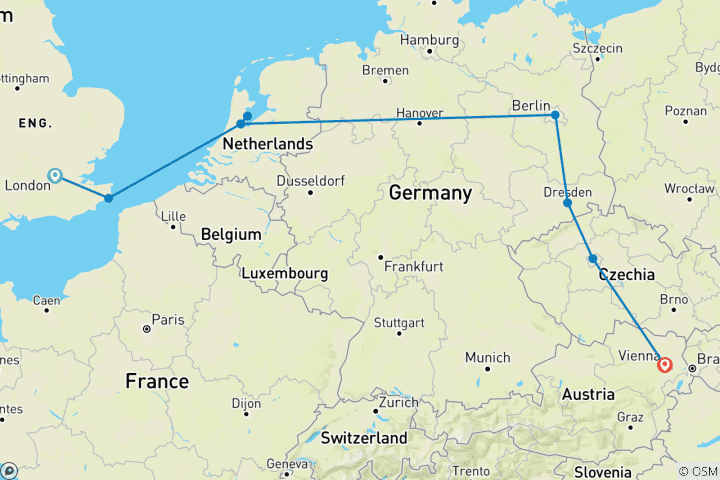 Carte du circuit Circuit Londres-Vienne (Hôtels à partir de mars 2027, été à partir de mars 2027, départ d'Amsterdam, classique)