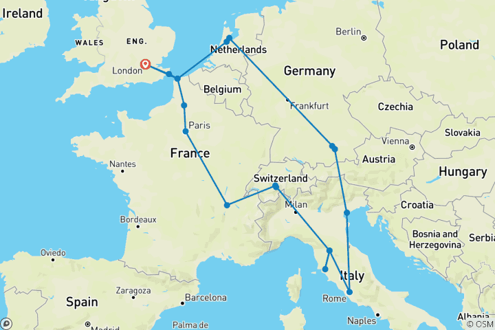 Map of European Discovery (Hostels From Apr '27, Start London, Age 18-22 From Apr '27)
