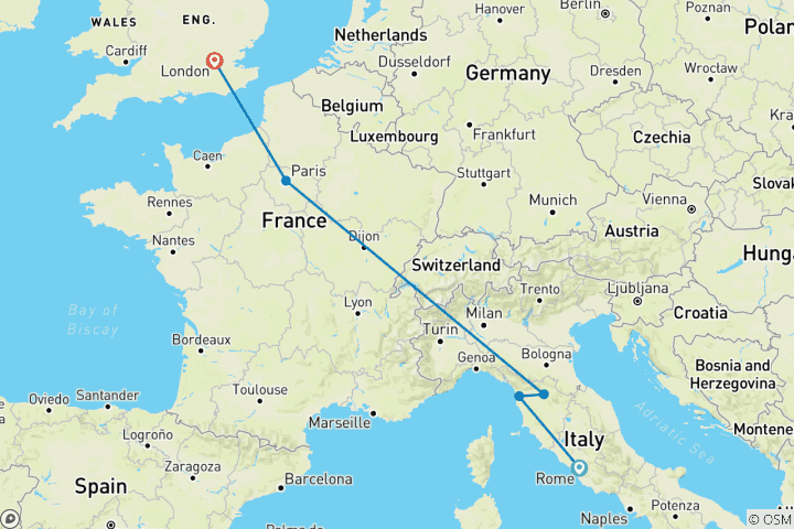 Carte du circuit Circuit Rome-Londres (auberges de jeunesse, de l'été jusqu'en mars 2027, formule classique)