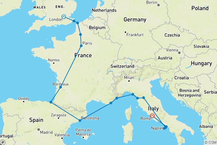 Carte du circuit Aventure Londres-Rome (auberges de jeunesse, départ de Londres, 18-22 ans)