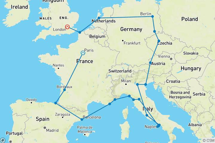 Map of European Quest (Hostels, Summer Until Mar '27, Start Paris, Classic)