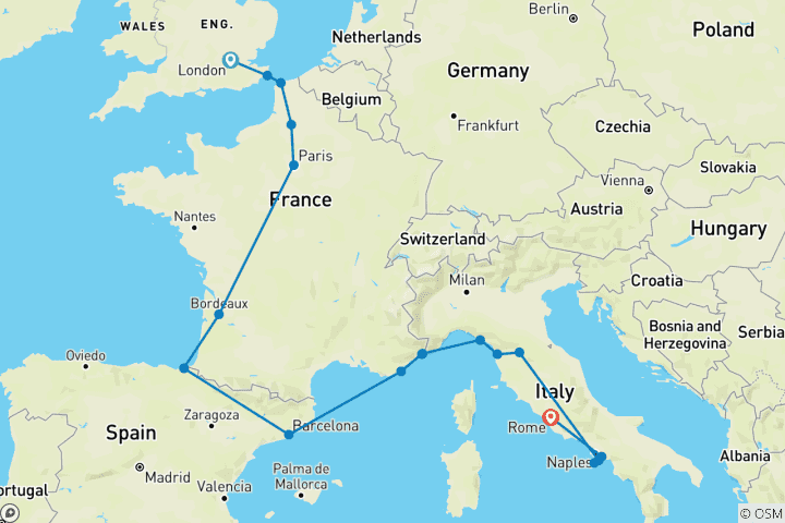 Map of London to Rome Quest (Hostels, Summer Until Mar '27, Start London, Classic)