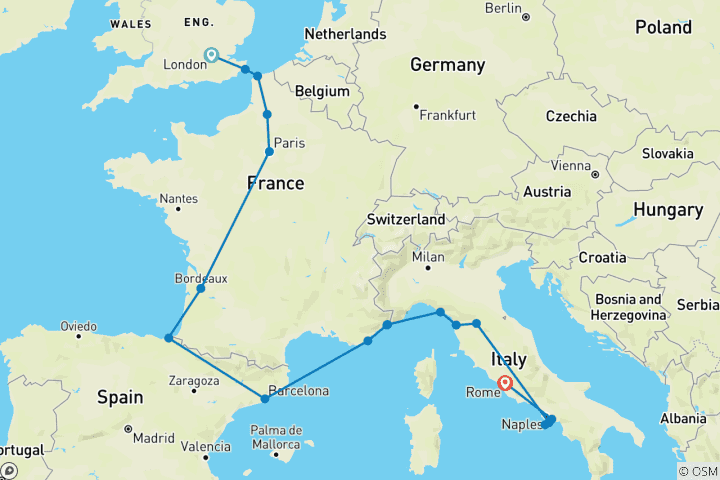 Map of London to Rome Quest (Hostels, Start Paris, Age 18-22)
