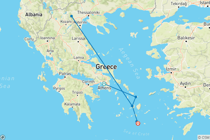 Mapa de Recorrido por las islas desde Atenas hasta Santorini (hoteles)