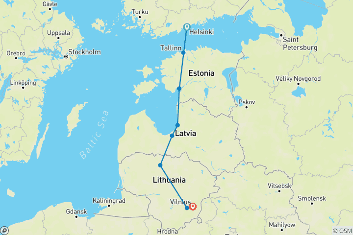 Kaart van Hoogtepunten van Helsinki & de Baltische hoofdsteden – 9 dagen
